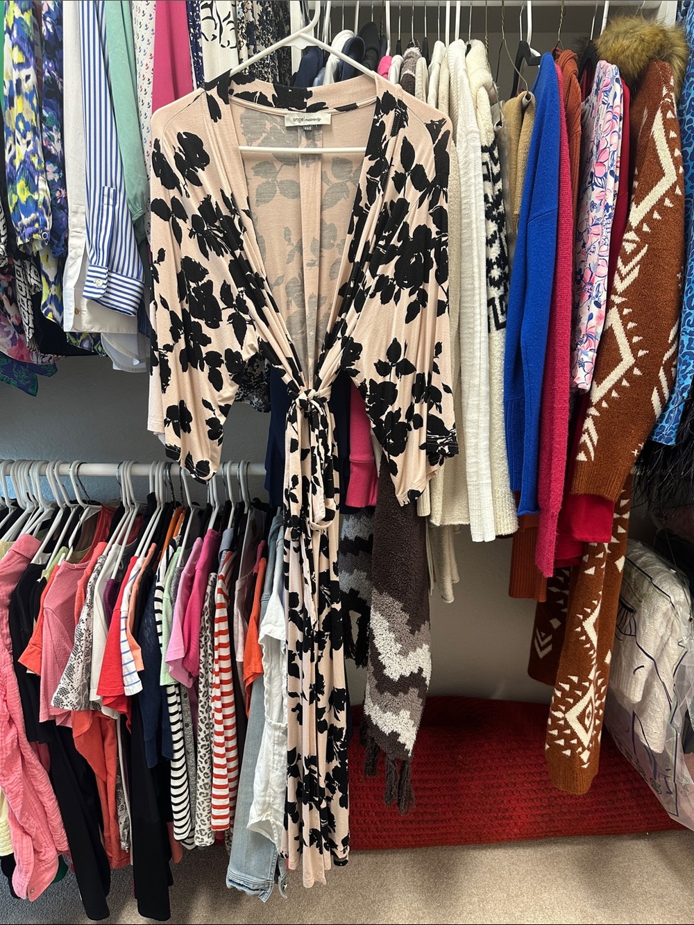 Floral Tie-Front Maxi Wrap Maternity/Nursing Robe- Black on Blush